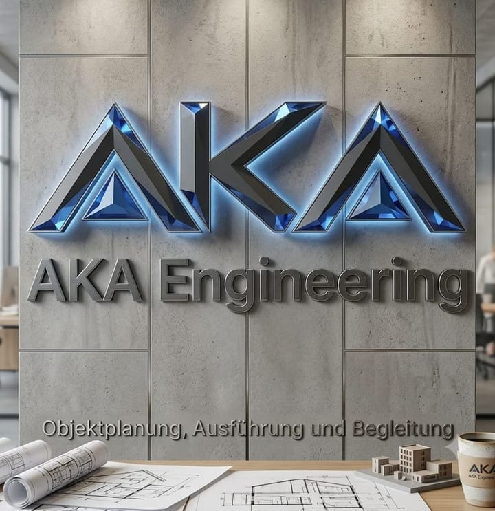 Beleuchteter AKA-Engineering-Schriftzug an einer Sichtbetonwand, davor Baupläne und ein Gebäudemodell